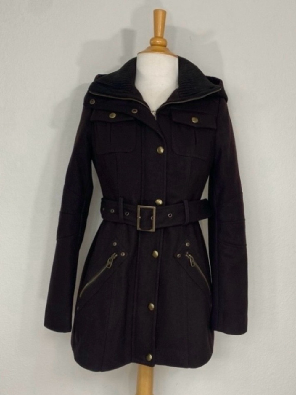 Miss Sixty Women's Brown Wool Mix Full Zip Snap Hooded Belt Coat Jacket Size XS